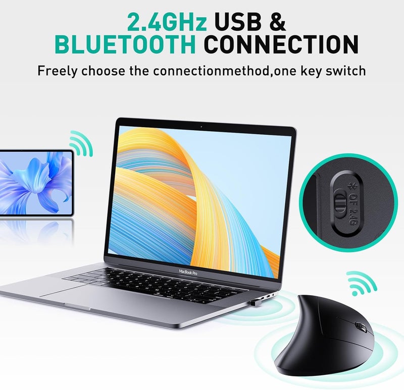 JYKEYMOUT Bluetooth and 2.4G (2-in-1) Rechargeable Wireless Mouse, Ergonomic Vertical Design, 1000/1200/1600 DPI, 6 Silent Buttons, for Laptop, Computer, PC, MacBook, Chromebook-Black - Image 2